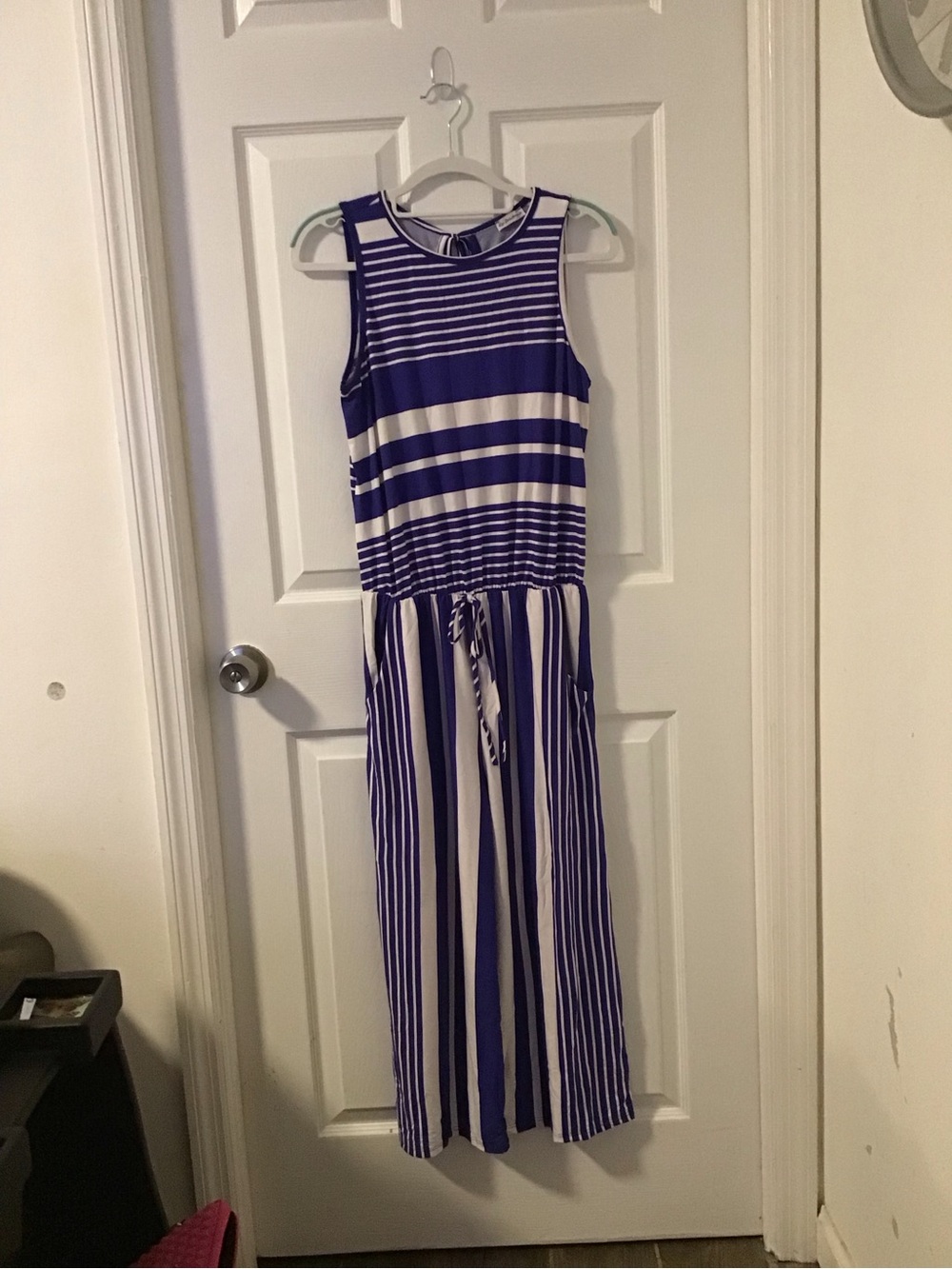 NWOT! Sleeveless Blue & White Striped Drawstring Jumpsuit